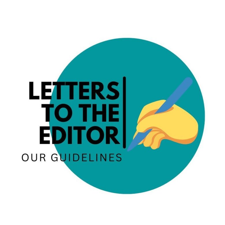 green background with illustration of a hand holding a pencil. Text reads: "Letters to the editor. Our guidelines."