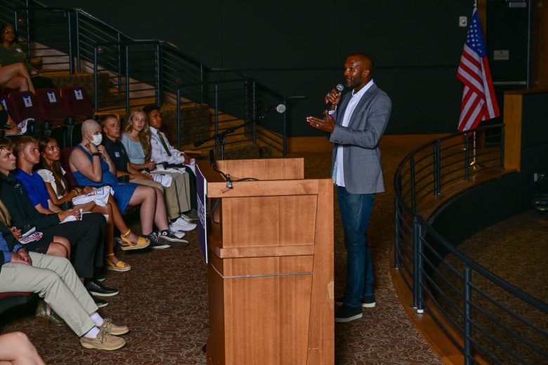 Pro Football Hall of Famer and Broncos legend Champ Bailey addresses the most positive Colorado high school student athletes of 2025 at the Douglas County School District Legacy Campus in Lone Tree on June 2.