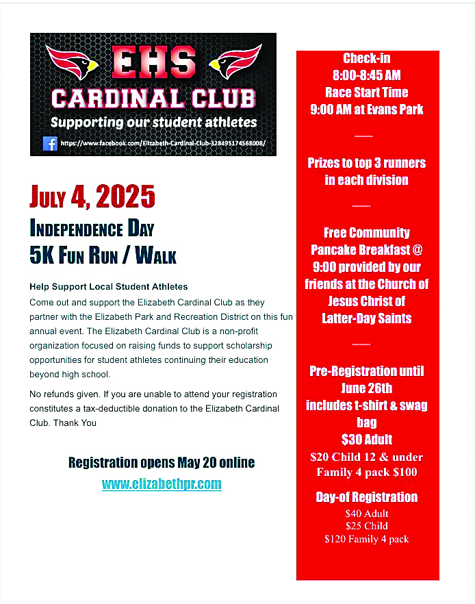 The Elizabeth High School Cardinal Club 5K will be held July 4 at Evans Park in Elizabeth.