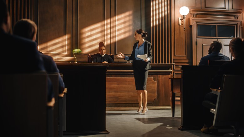 Court of Justice and Law Trial: Successful Female Prosecutor Presenting the Case