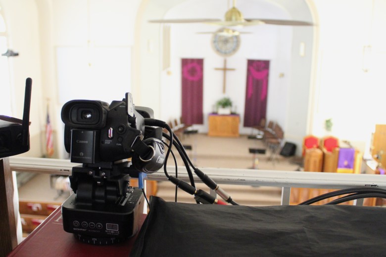 camera overlooking church sanctuary