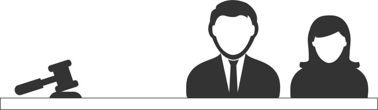 Silhouette illustration of a child sitting in court with an adult, facing a judge’s gavel, representing a courtroom setting.
