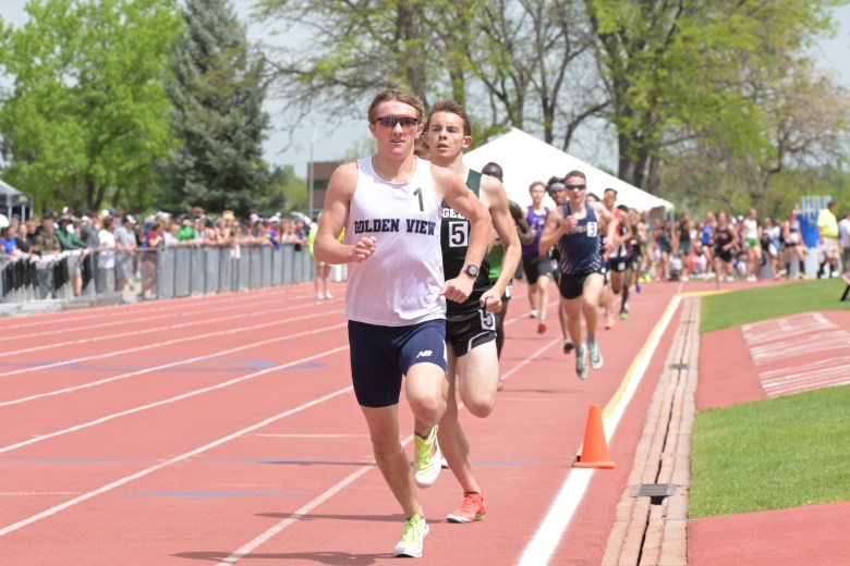 Golden View Classical Academy's Bobby Kiesewetter (front) set records at the Class 2A track and field state championships. Along with record times, he swept the distance events in the 800-, 1600- and 3200-meter runs.