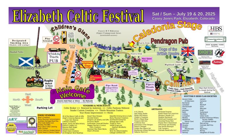 A map of the Elizabeth Celtic Festival grounds at Casey Jones Park in Elizabeth.