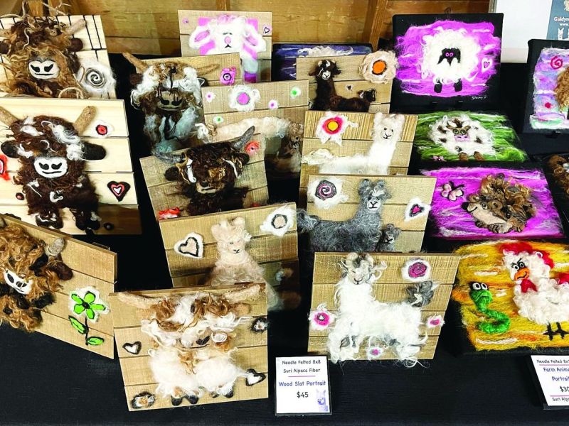 Needle-felted suri alpaca fiber art for sale at the Elbert County Marketplace in the Casey Jones Pavilion in Elizabeth. The marketplace is held every first, third, and fifth Saturday of each month from 9 a.m. to 2 p.m. at the Casey Jones Pavilion.