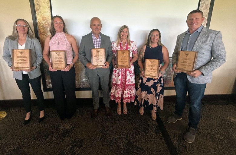 The Jeffco Athletics Class of 2025 poses for a photo. From left to right: Jenn Bradley (Arvada West), Heather Martin (Standley Lake), Tommy Dowd (Wheat Ridge), Catherine West (Columbine), Brooke Sauer Durham (Golden) and Mark Melancon (Golden).