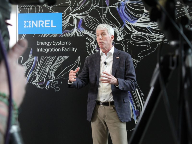 U.S. Secretary of Energy Chris Wright addresses members of the media April 3 while visiting NREL's Golden campus