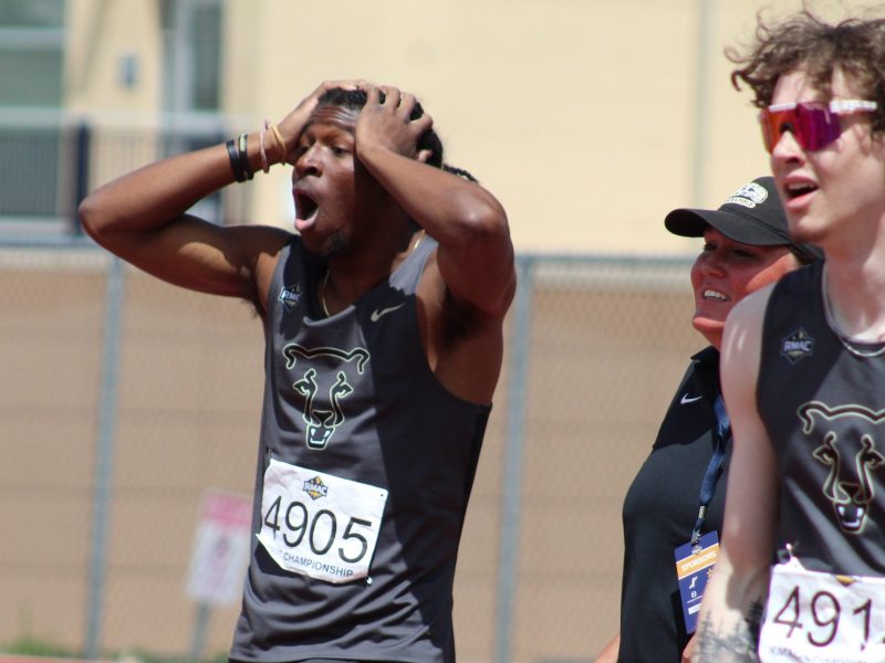 UCCS junior Sebastian Jean reacts to his record-breaking time in the men's 400-meter race April 27 at the RMAC Outdoor Track & Field Championships.