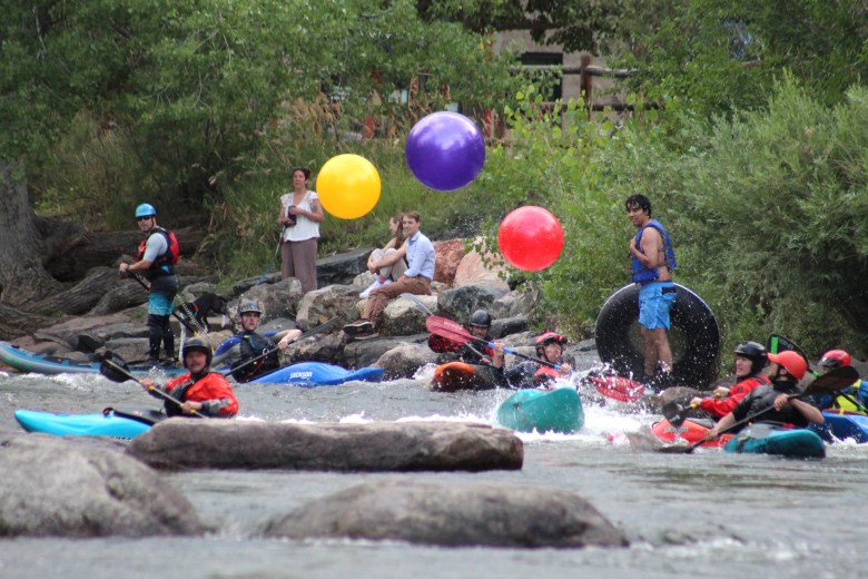 Three teams compete in an elimination heat during the Colorado Whitewater Association's July 10 downriver race at the Clear Creek Whitewater Park.