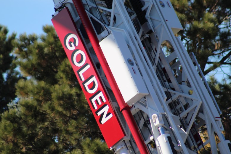 Sunlight frames the logo on Golden Fire Department's new aerial ladder truck, which was used for Golden Police Officer Evan Dunn's funeral procession Nov. 13.