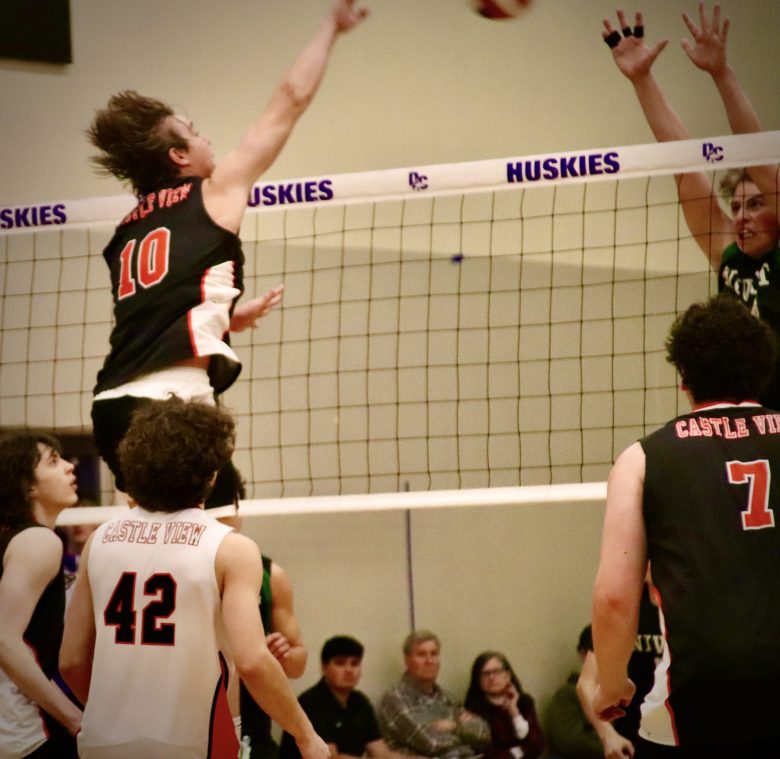 Castle View's Austin Keathley delivers a spike during the Kings of the Castle boys volleyball tournament at Douglas County High School on April 19.