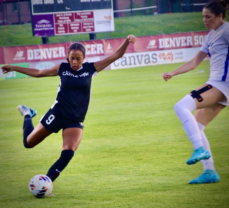 Castle View's Logan Baker (9) kicks the ball away from a Broomfield player during the May 15 semifinal game of the Class 5A girls state playoffs. The Sabercats won in a shootout after the team's tied 3-3 after two overtimes.