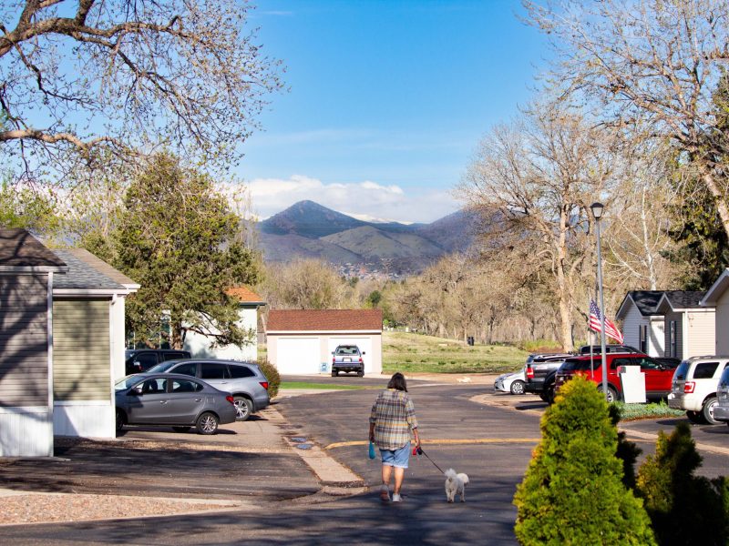 a person walks a dog in a mobile home park neighborhood