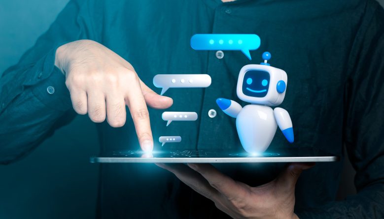 Person interacting with a digital tablet displaying a smiling AI chatbot and chat bubbles, symbolizing virtual conversation.