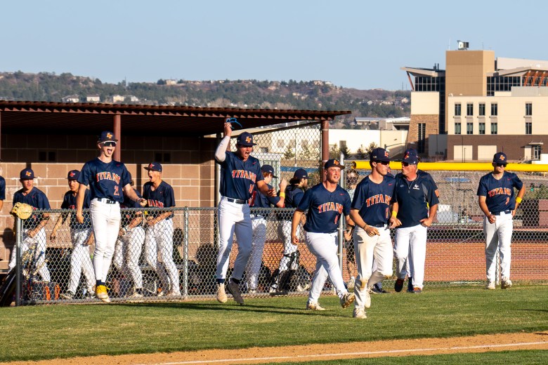 Legend's baseball team celebrates after beating Castle View 8-6 on April 11 in Castle Rock.