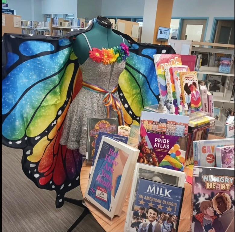 Pride-themed book display at Edgewater Library. Staff say the library’s outward celebration of inclusion clashes with proposed rules limiting personal expressions of support.