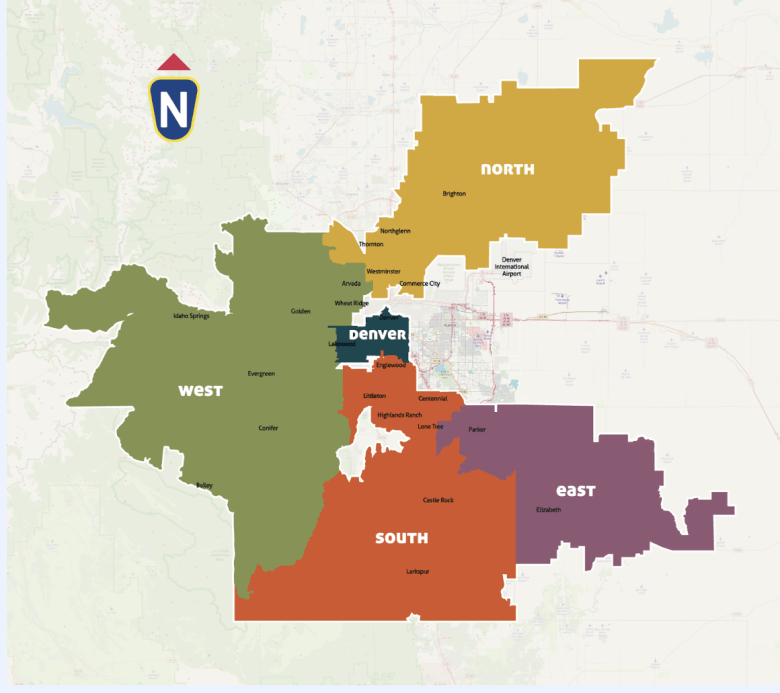 Map of the Denver metro area with color codes to distinguish Colorado Community Media news overage areas.