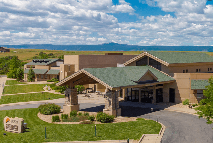 An aerial view of the front of the Rock Church in Castle Rock