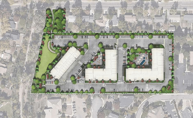 an aerial rendering of three apartment buildings